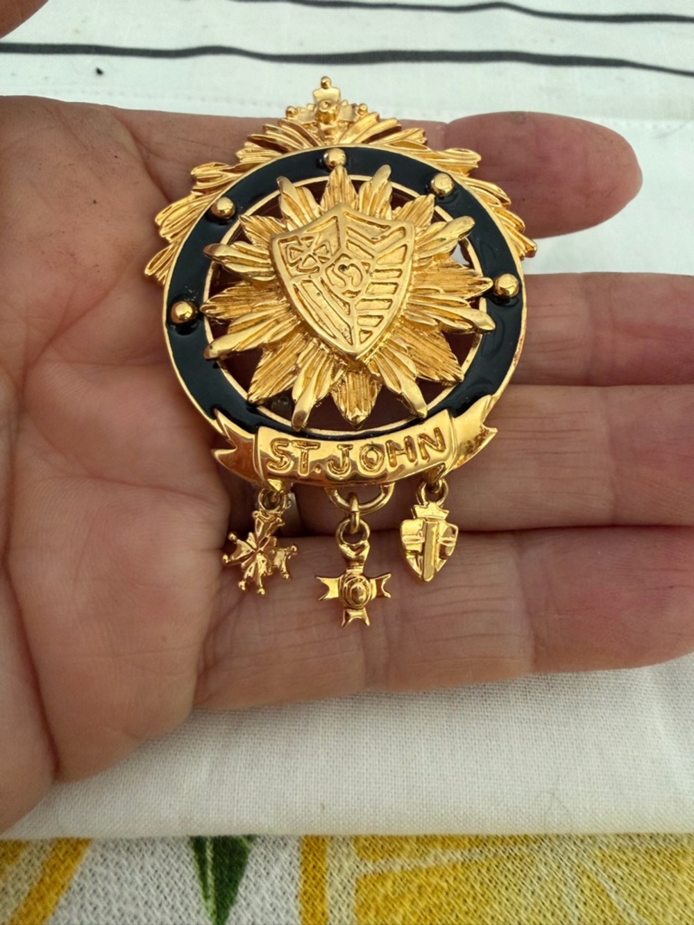 St. John Gold and Black Heraldic Shield Brooch with Dangles - Picture 3 of 5